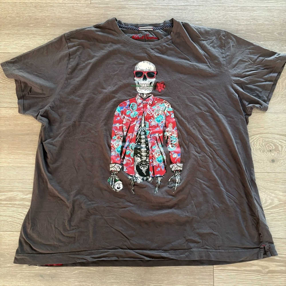 Robert Graham Mens Brown Crew Neck Skeleton Graphic T-Shirt Size 3XL